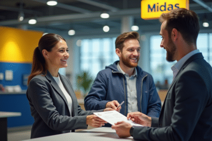 Client souriant remettant documents de voiture chez Midas en France