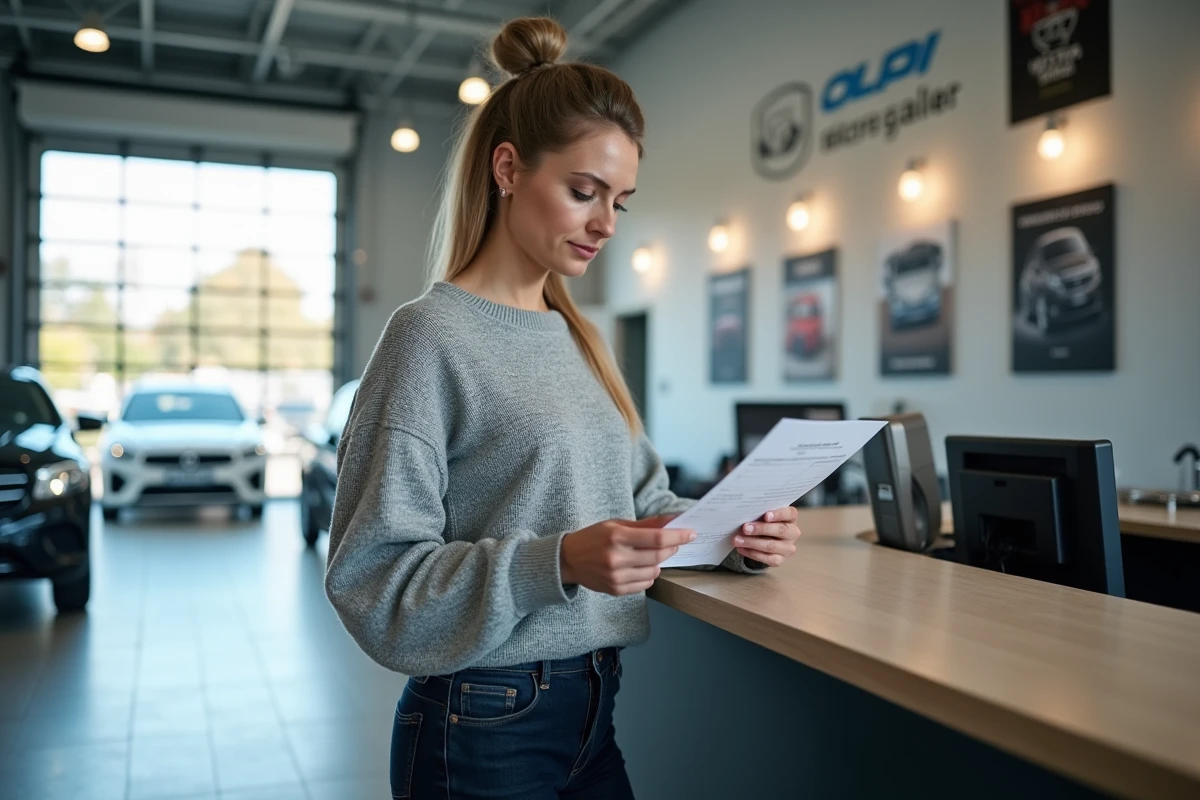 Cliente examinant un devis de remplacement de courroie de distribution dans une réception de garage automobile