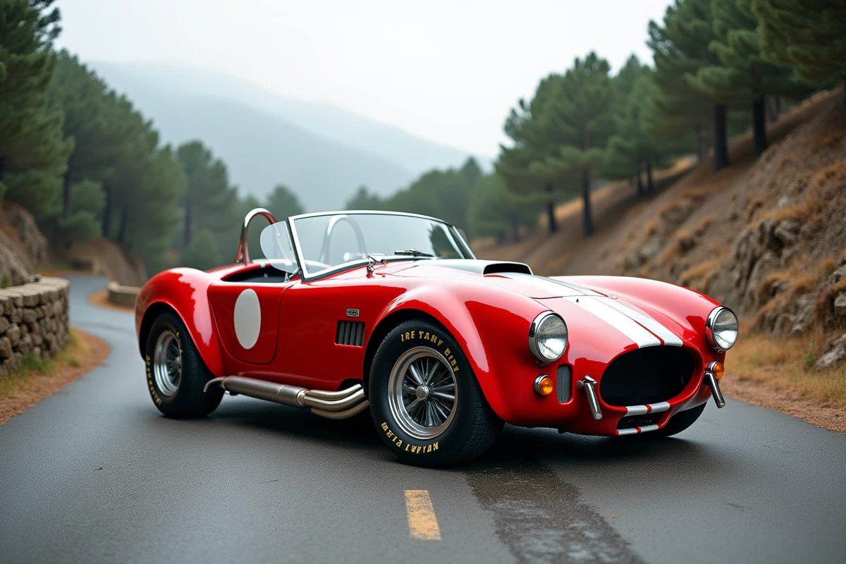 Cobra AC rouge sur route de montagne sinueuse, vue grand angle au ras du sol soulignant la silhouette iconique prisée des collectionneurs