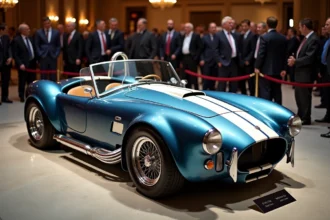 Cobra Shelby originale des années 1960 exposée lors d'une vente aux enchères de voitures de collection, vue en trois quarts avant sur sol béton poli