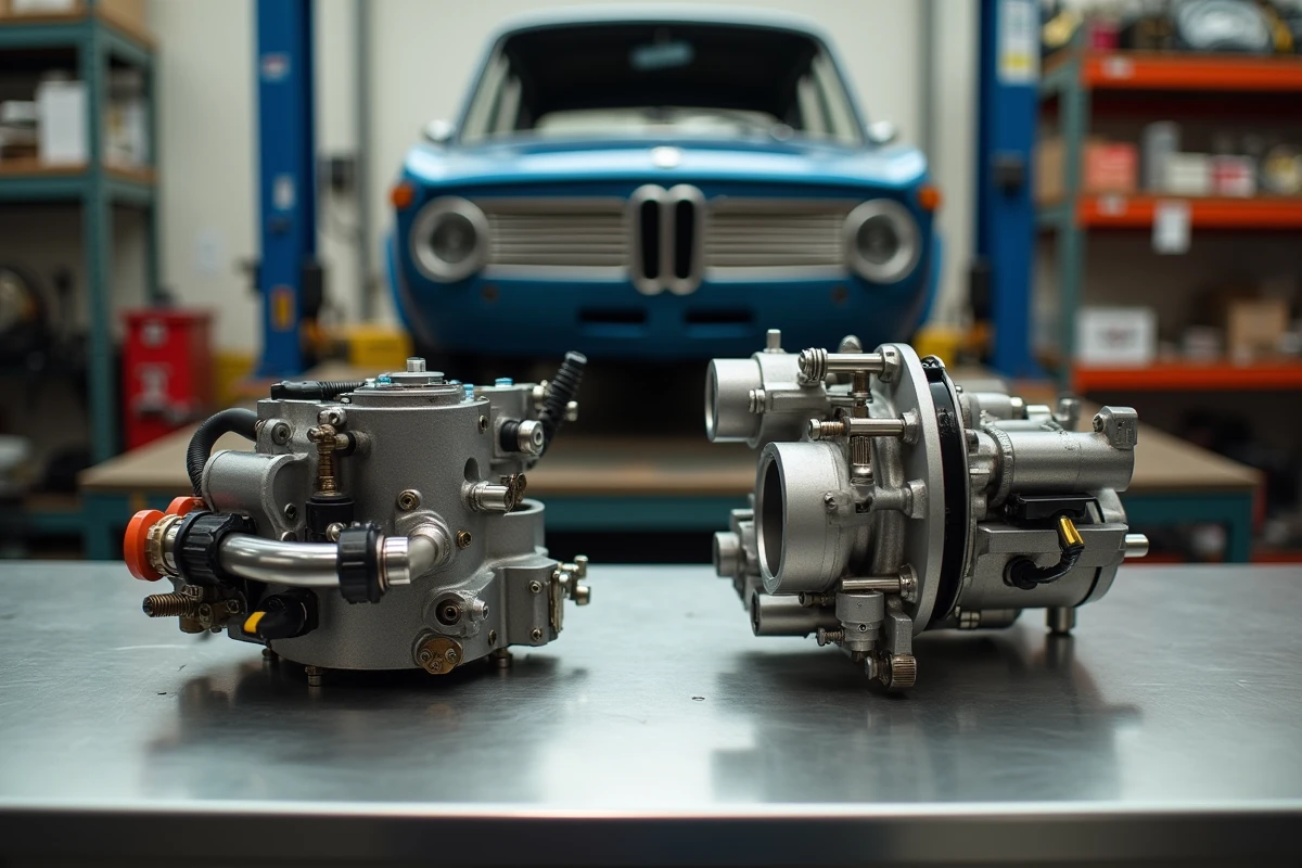 Comparaison sur établi entre le collecteur d'injection tii de BMW 2002 et le carburateur Solex du modèle standard, atelier de restauration