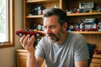 Collectionneur adulte tenant une voiture miniature Ferrari 1:18 en métal devant ses étagères de collection automobiles