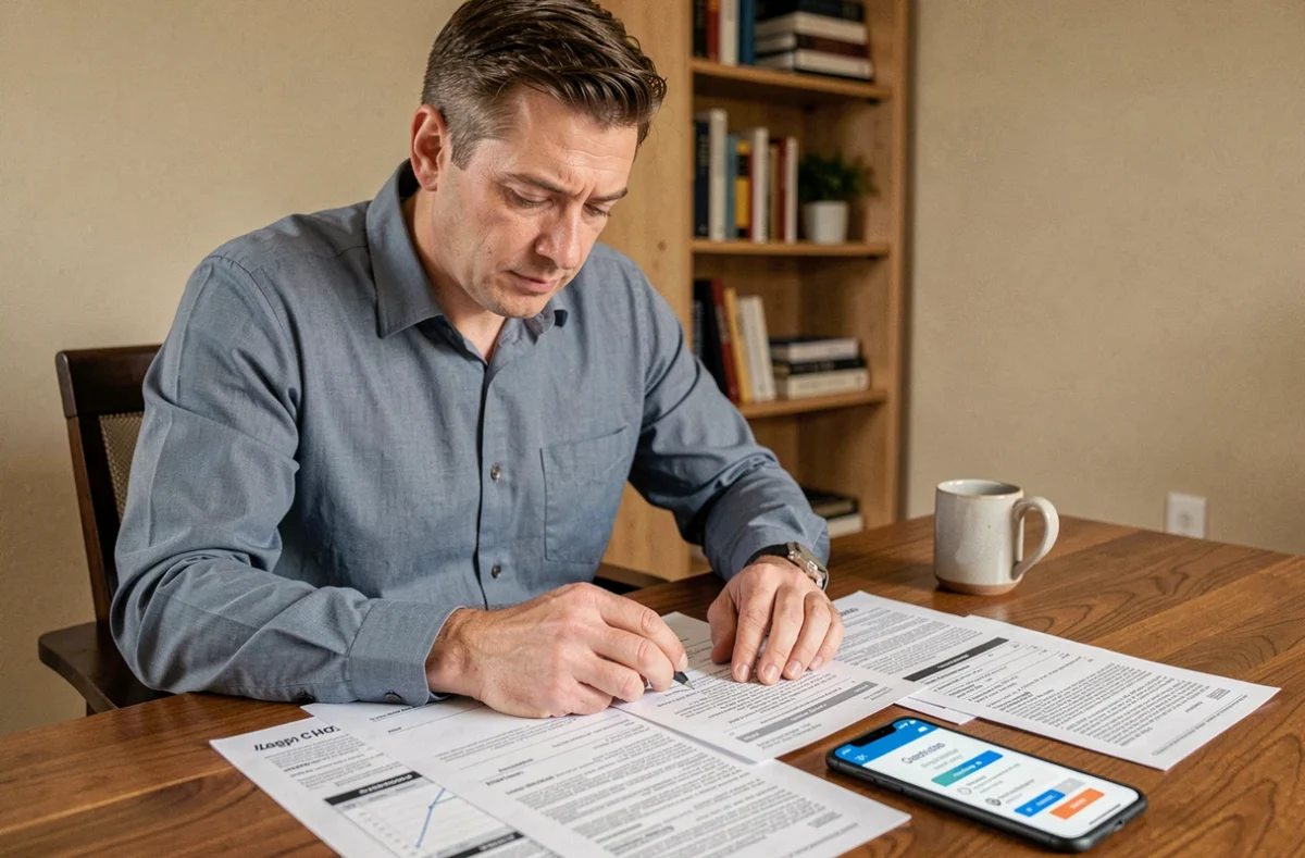 Homme comparant des offres d'assurance moto sur des documents papier et smartphone à son bureau à domicile, illustrant le choix de la meilleure assurance moto