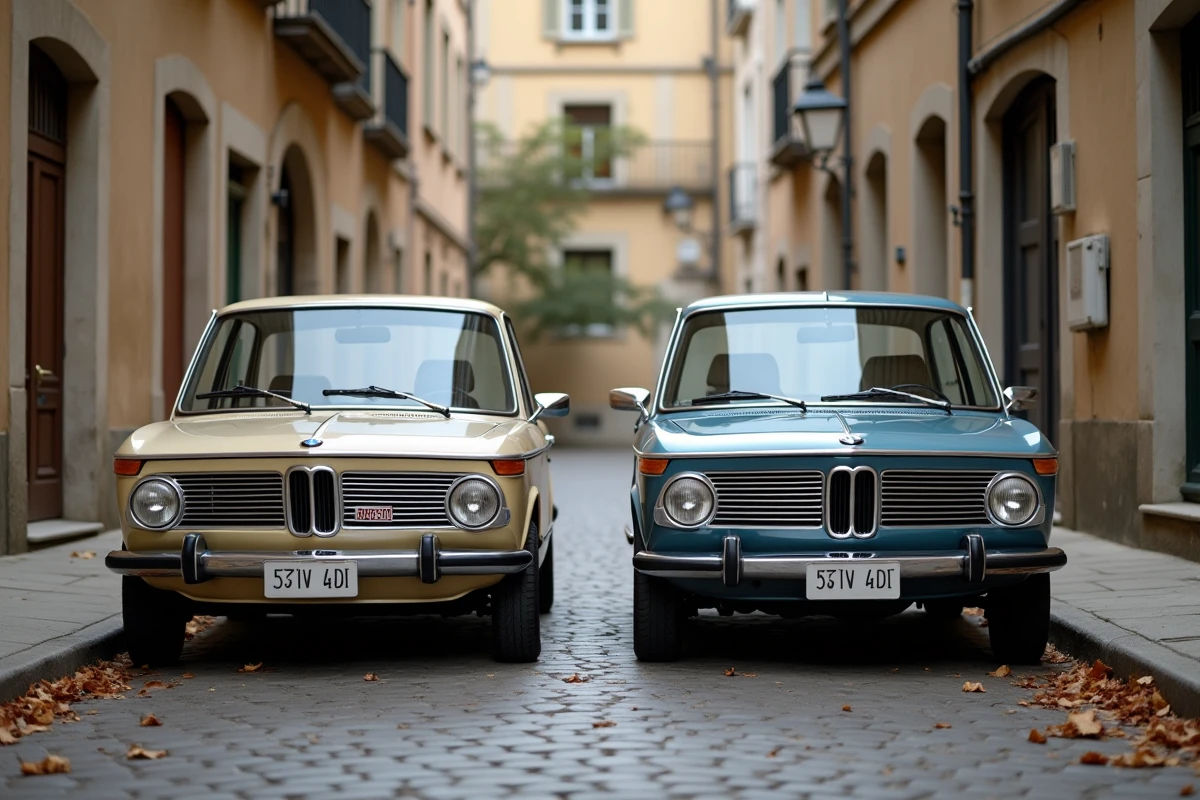 Deux BMW 2002 côte à côte dans une rue européenne pavée, modèle tii à injection et modèle standard à carburateur comparés