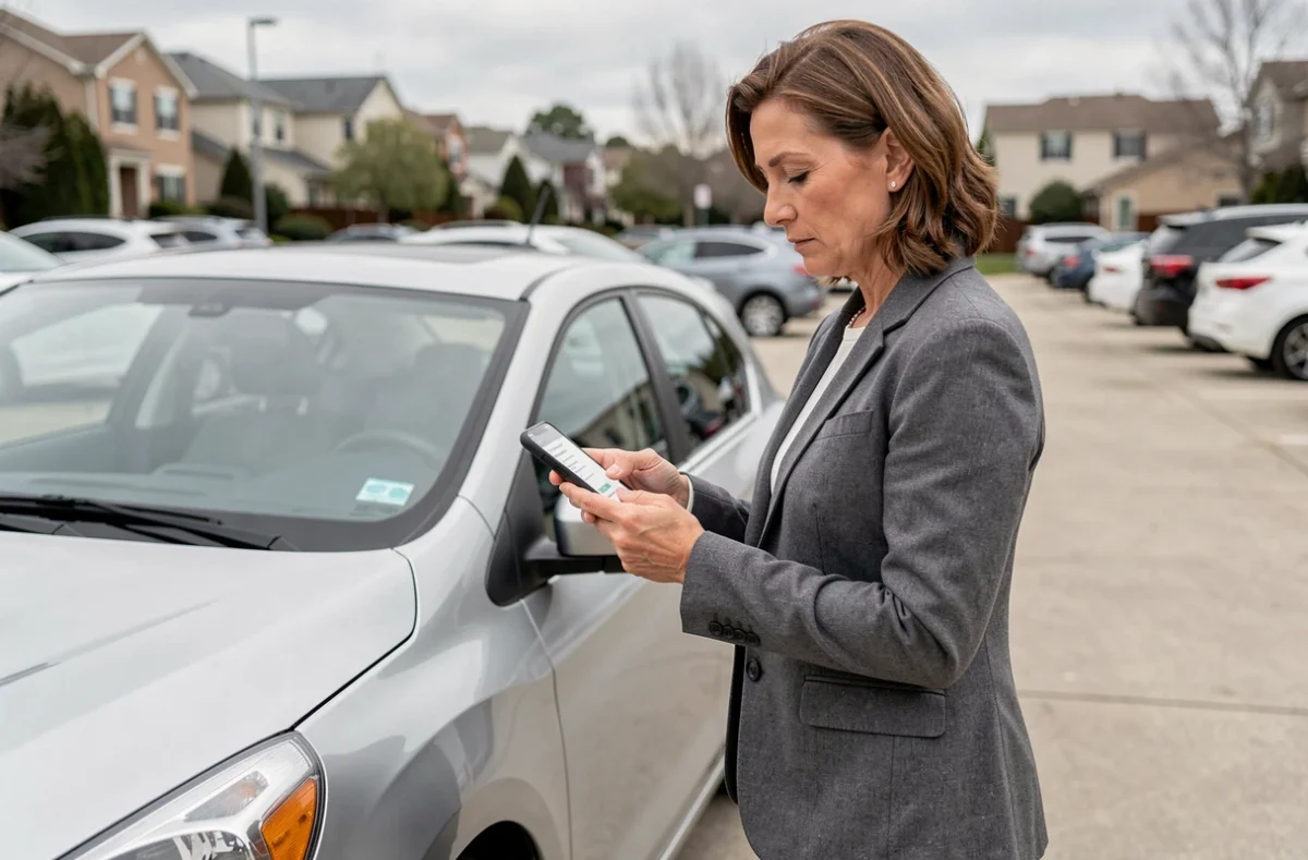 Femme comparant des devis d'assurance auto sur smartphone debout à côté de sa voiture dans un parking