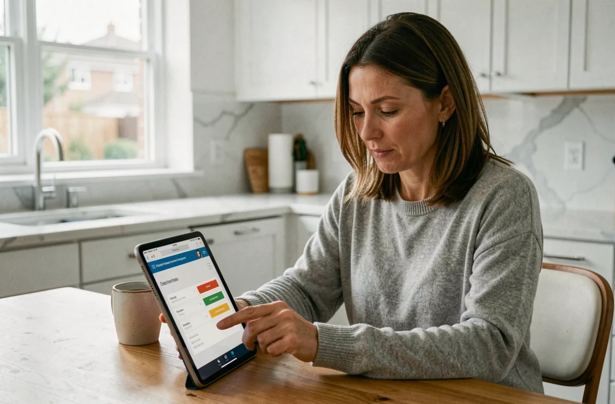 Femme comparant des devis d'assurance auto sur une tablette dans sa cuisine moderne