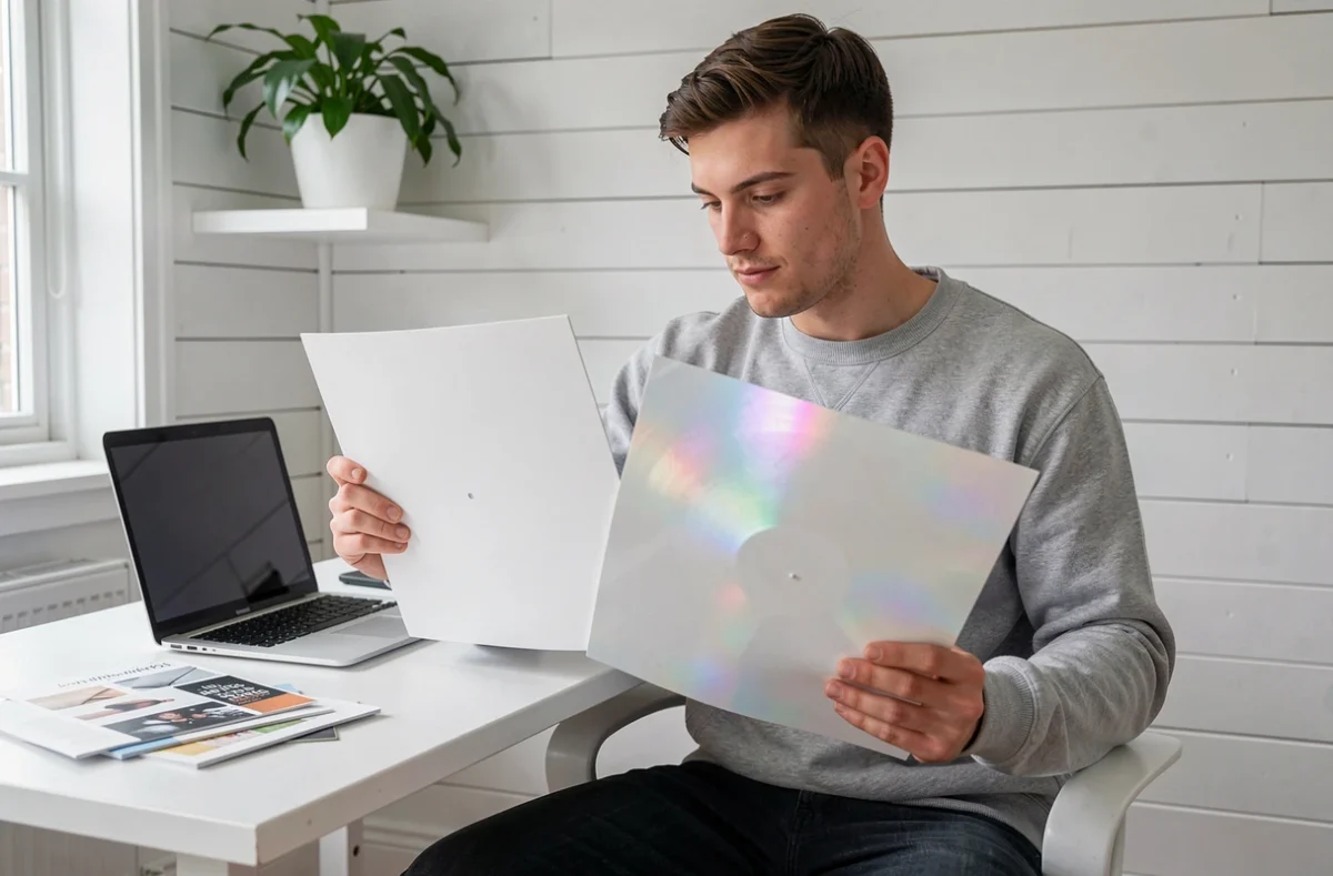 Jeune homme comparant des échantillons de vinyle blanc mat et blanc effet nacré dans un bureau à domicile