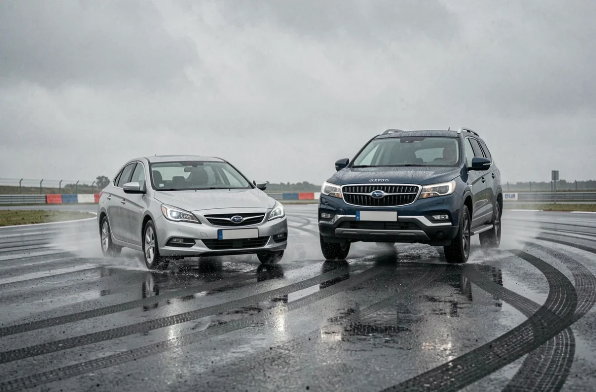 Comparaison de gabarit entre une berline compacte et un grand SUV sur une piste d'essai mouillée