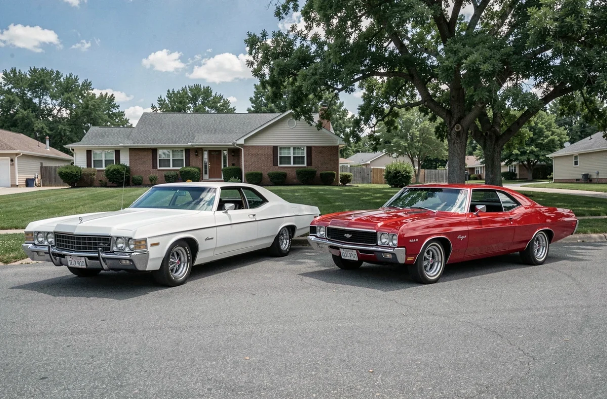 Comparaison côte à côte d'une Chevrolet Impala blanche et d'une muscle car Chevelle SS rouge sur une allée américaine