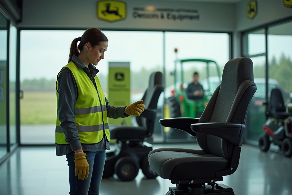 Technicienne agricole comparant deux modèles de sièges de tracteur dans un showroom de matériel agricole