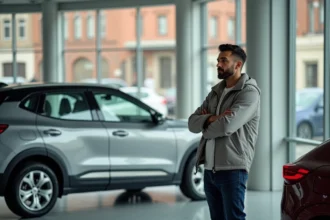 Homme comparant des SUV compacts dans une concession automobile moderne avant d'acheter un Toyota C-HR ou une alternative