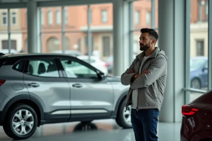Homme comparant des SUV compacts dans une concession automobile moderne avant d'acheter un Toyota C-HR ou une alternative