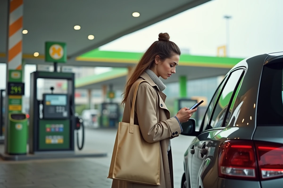 Femme consultant une application de comparateur de prix d'essence sur smartphone dans une station-service de supermarché près de Roanne