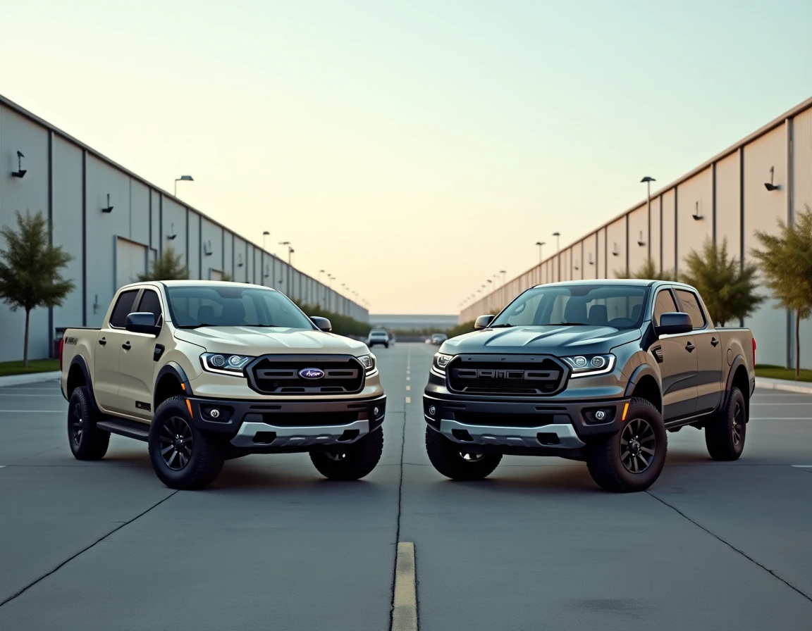 Comparatif de deux pick-up low-cost 2026 côte à côte dans un parking commercial, vue frontale symétrique pour une comparaison directe des modèles concurrents
