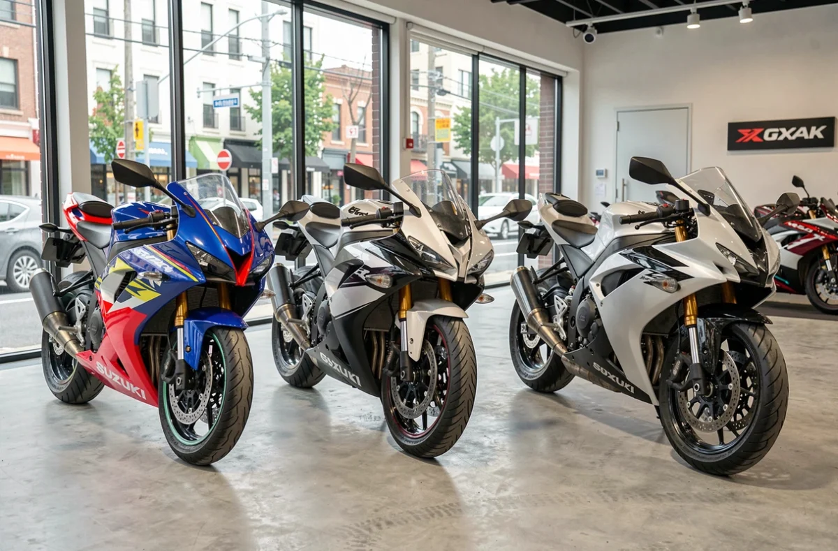 Comparatif des trois Suzuki GSX-R 600, 750 et 1000 alignées côte à côte dans un showroom de concession moto moderne
