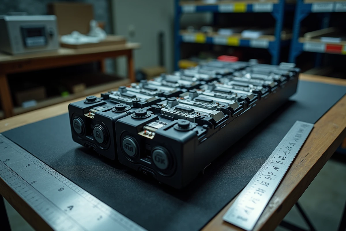 Gros plan sur les cellules et composants internes d'un pack batterie électrique avec règle de mesure pour illustration des dimensions 2026