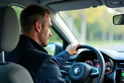 Conducteur consultant l'affichage de consommation de carburant sur le tableau de bord d'un SUV compact Citroën C3 Aircross