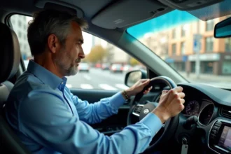 Homme conducteur urbain regardant son smartphone en voiture