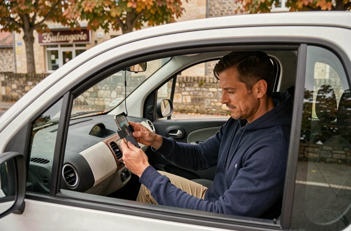 Conducteur consultant son téléphone dans une voiture sans permis louée entre particuliers en village français