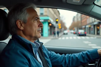 Homme conducteur dans une voiture urbaine attentif au feu