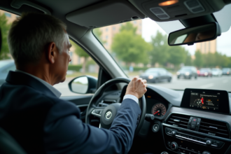 Homme d'affaires anxieux au volant d'une voiture en ville
