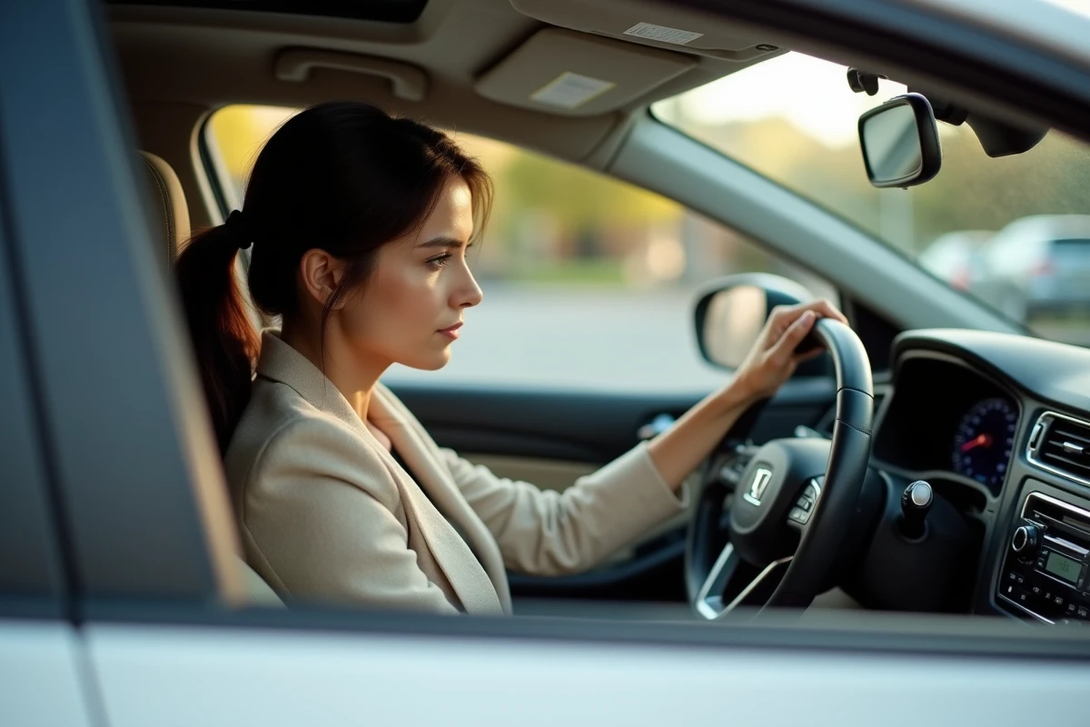 Femme examinant l'affichage de consommation de carburant dans l'habitacle d'une voiture essence