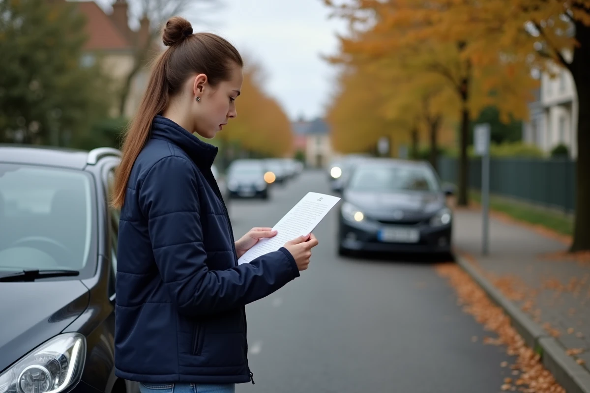 Jeune femme lisant un courrier officiel de perte de points de permis probatoire, debout près d'une voiture dans une rue résidentielle