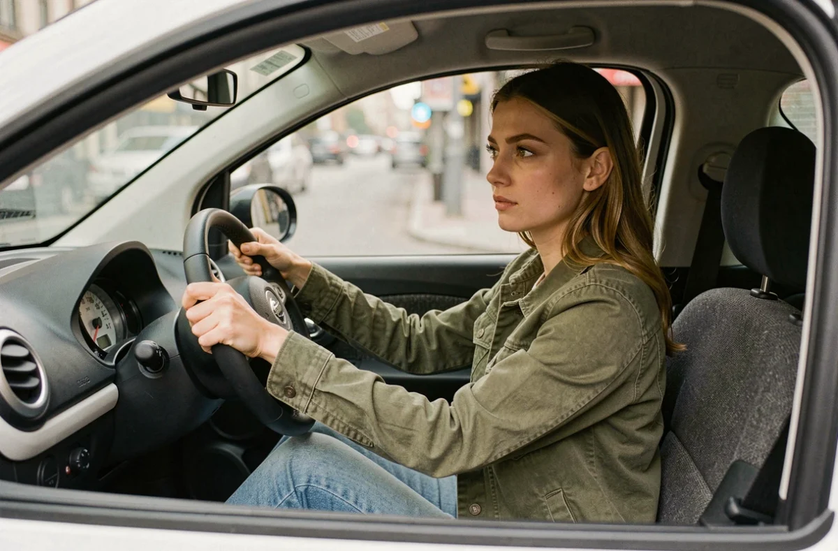 Jeune conductrice au volant d'une voiture sans permis avec compteur de vitesse visible