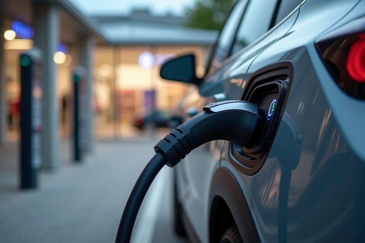 Gros plan sur le connecteur de recharge branché sur une voiture électrique à une borne de charging Carrefour
