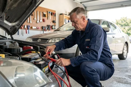 Mécanicien connectant un chargeur de batterie à une batterie de voiture dans un garage résidentiel