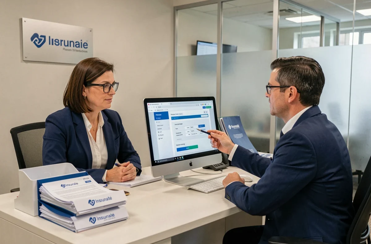 Cliente discutant d'un devis assurance auto avec un conseiller dans une agence professionnelle