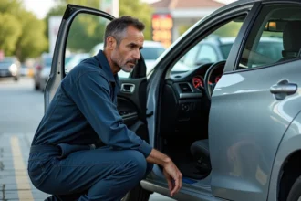 Mécanicien inspectant la jauge de carburant d'une voiture essence à une station-service en 2026