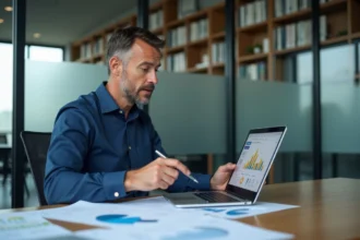 Consultant immobilier analysant des documents et un tableau de bord numérique dans un bureau moderne avant l'achat d'un bien