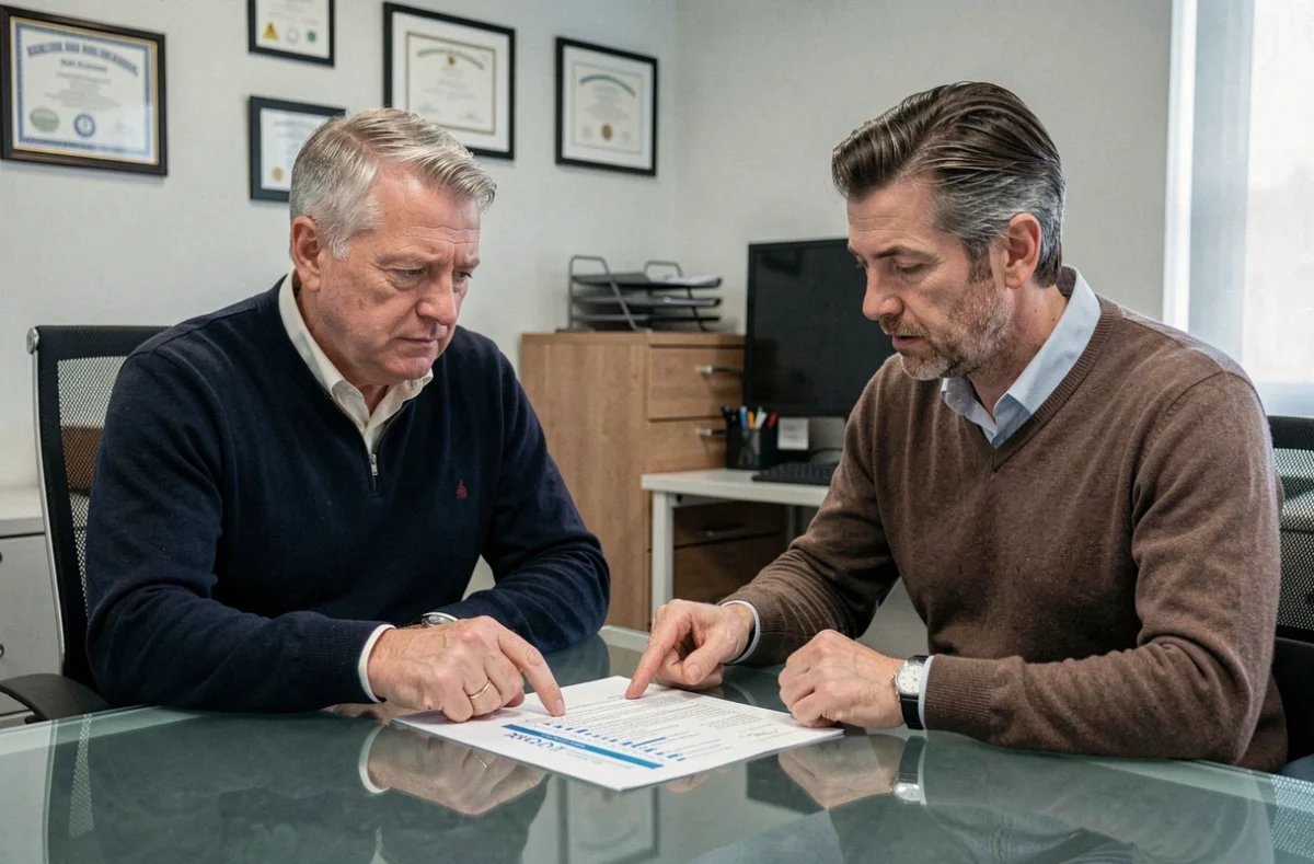Homme consultant un conseiller en assurance automobile dans un bureau professionnel pour calculer son tarif d'assurance
