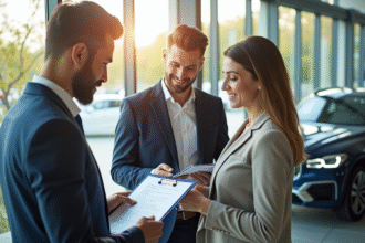 Homme et femme examinant documents de location voiture avec agent