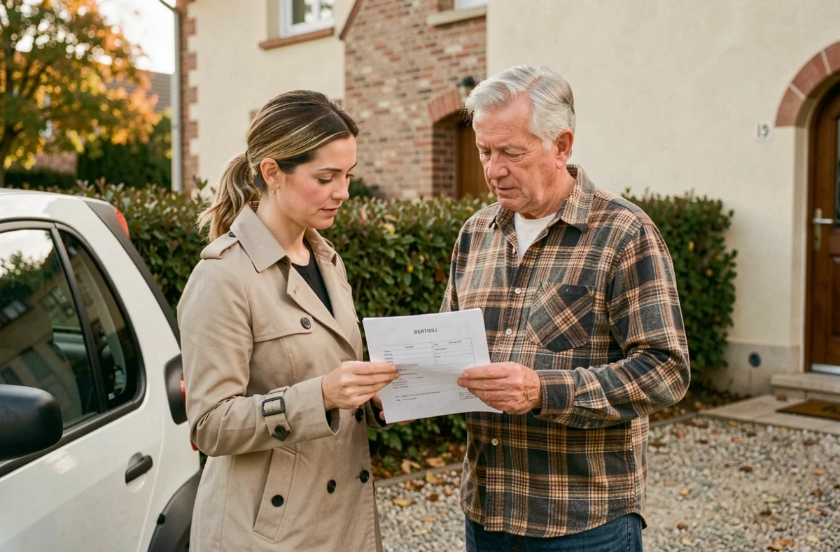 Deux particuliers signant un contrat de location de voiture sans permis dans une allée de maison française