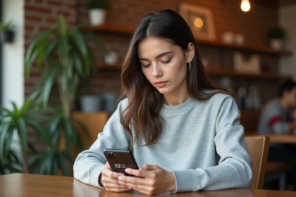 Jeune femme utilisant une application de conversion miles en kilomètres par heure sur smartphone Android dans un café