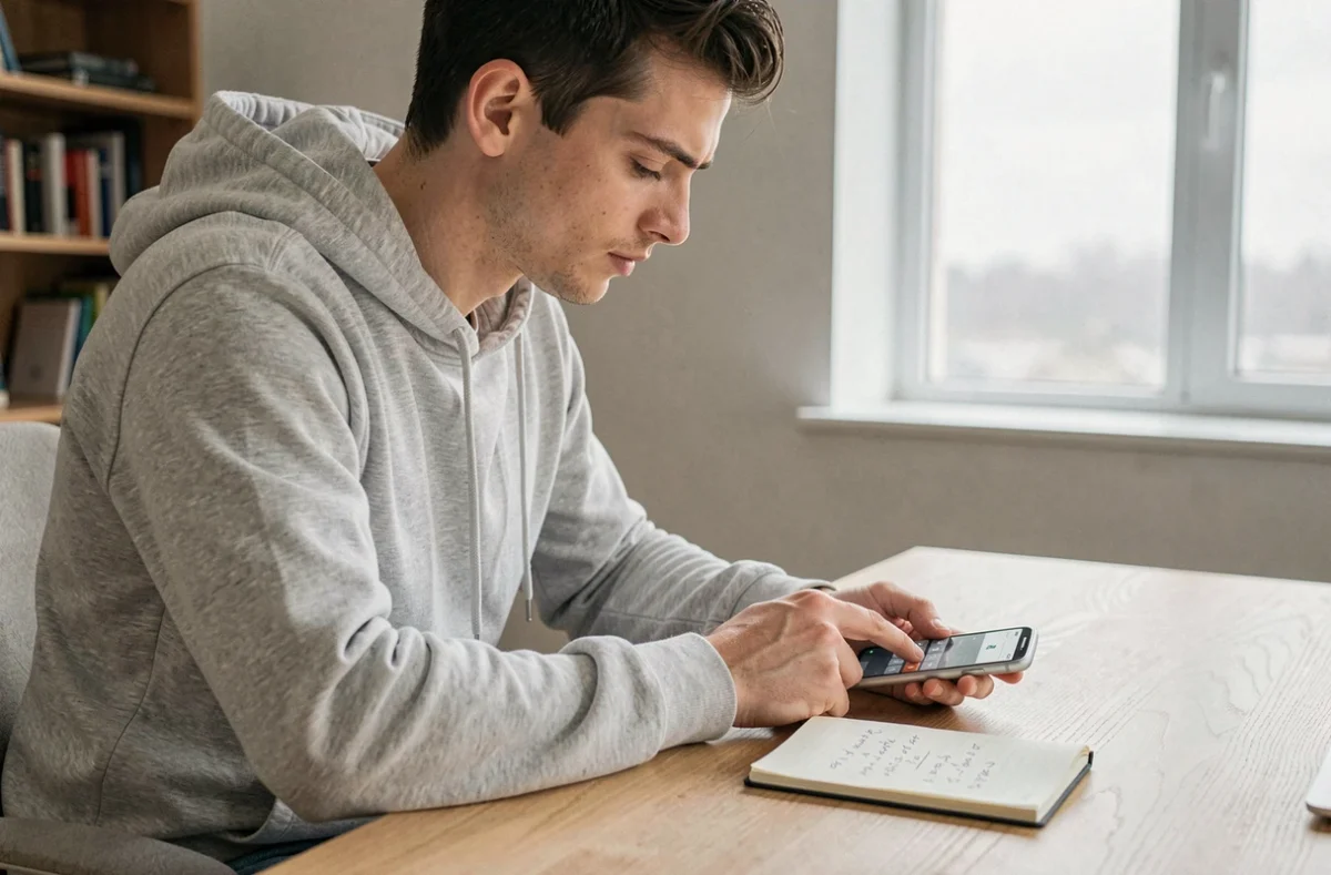 Homme convertissant des miles en kilomètres par heure sur une calculatrice smartphone avec des notes manuscrites