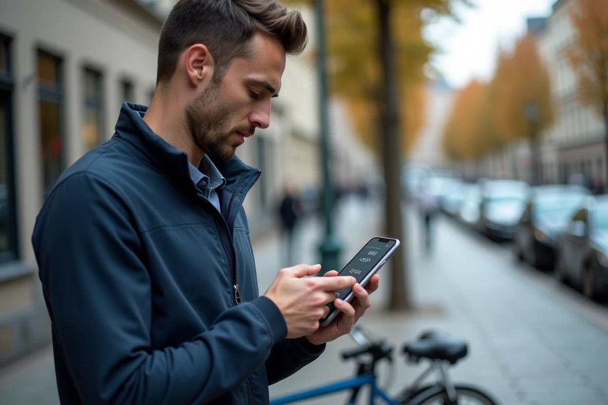 Homme consultant une application iOS de conversion miles en km/h sur iPhone en milieu urbain