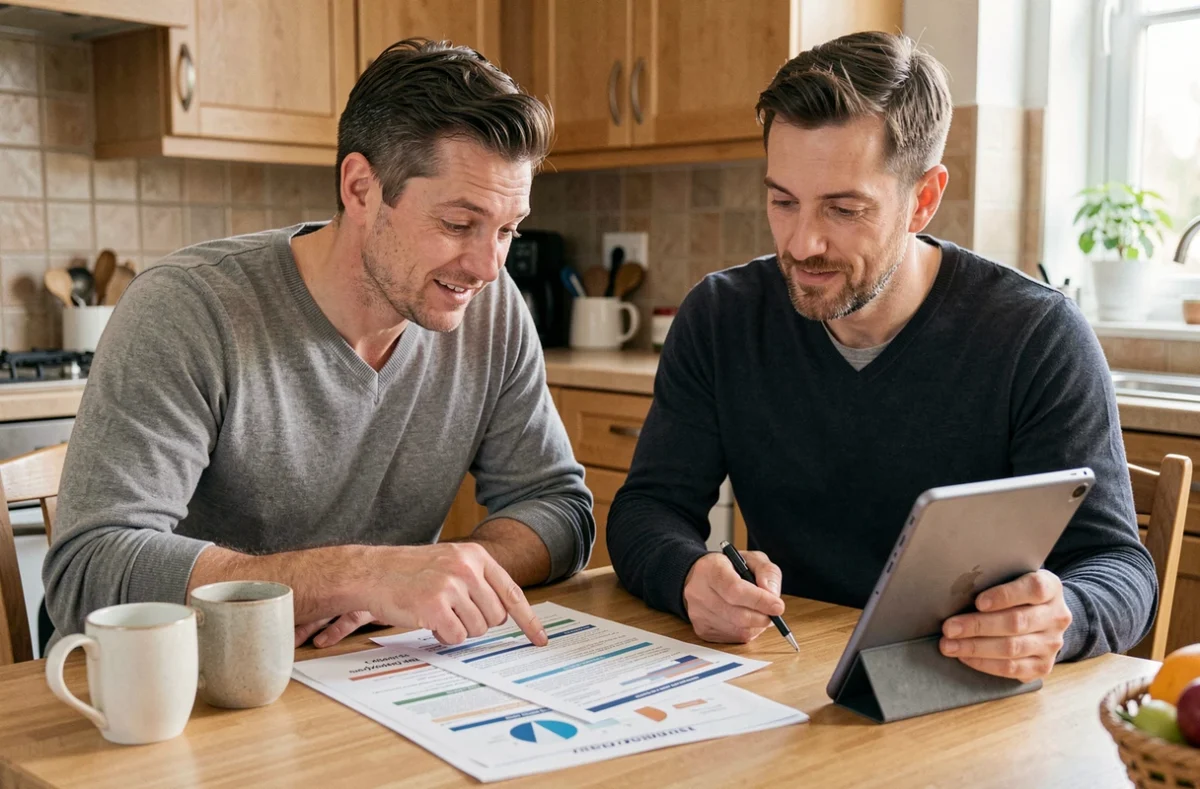 Couple étudiant des tableaux de comparaison d'assurance voiture ensemble à la table de cuisine avec une tablette