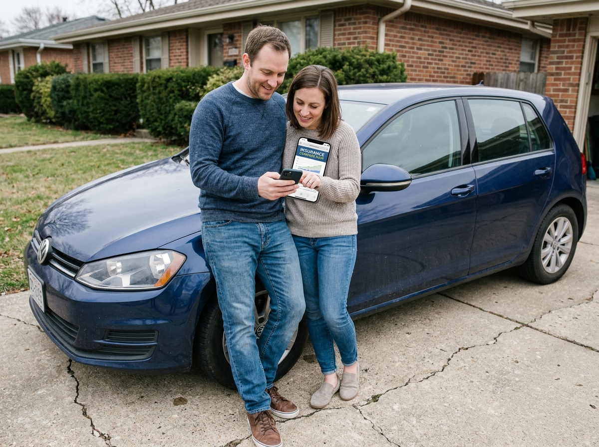 Couple consultant un comparateur d'assurance auto sur smartphone devant une voiture d'occasion dans une allée résidentielle