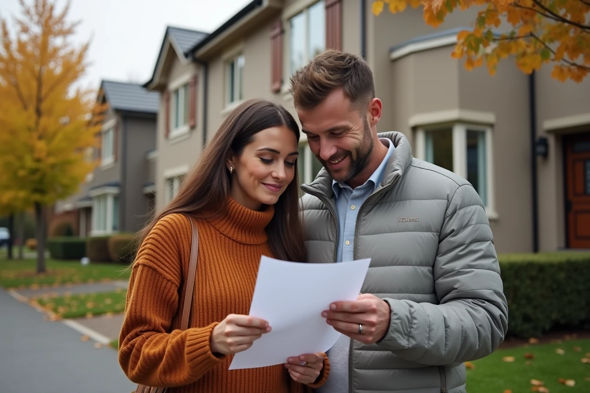 Couple évaluant une propriété résidentielle avec une liste de contrôle avant signature d'un achat immobilier