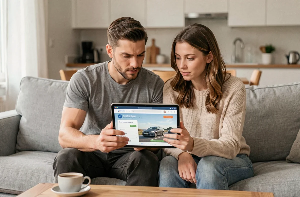 Couple consultant un simulateur d'assurance automobile sur tablette dans leur salon