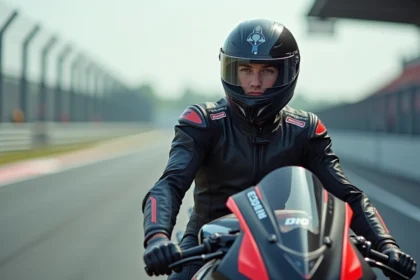 Jeune pilote en combinaison de course à côté d'une moto hypersport