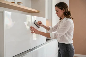 Décoratrice intérieure appliquant un covering blanc effet nacré sur une porte de meuble de cuisine moderne