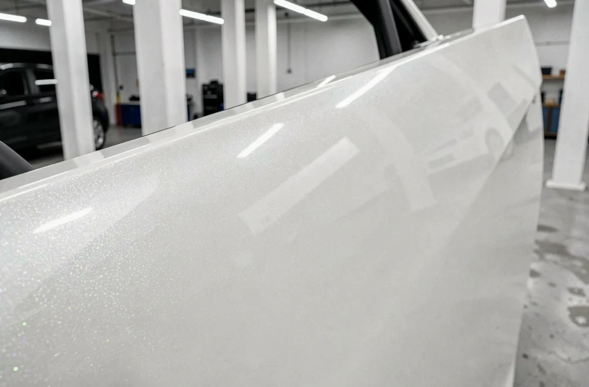 Gros plan sur un covering vinyle blanc effet nacré appliqué sur la portière d'une voiture en atelier de pose