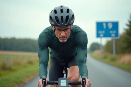 Cycliste homme vérifiant son compteur sur route de campagne