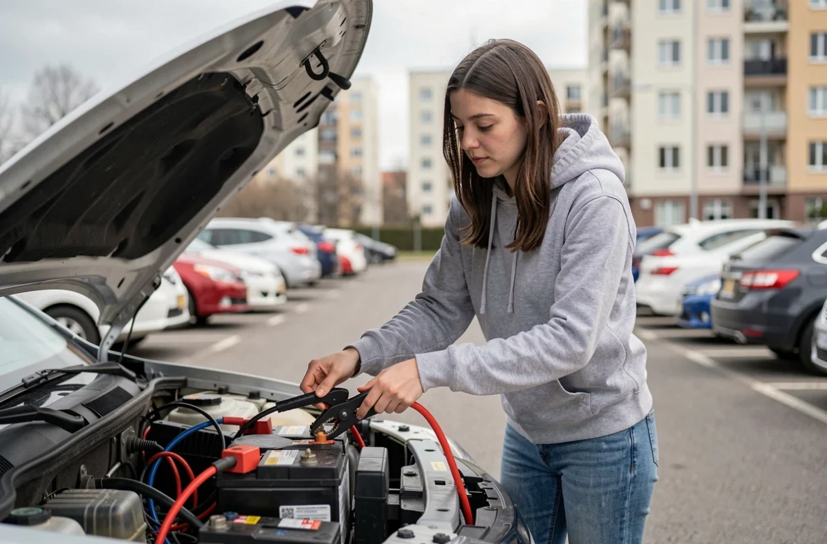 Femme débranchant les câbles d'une batterie de voiture avant de brancher un chargeur portable en parking
