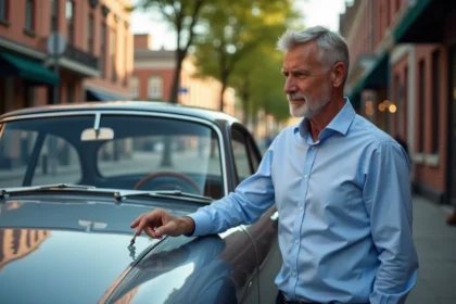 Designer automobile regardant le badge cheval sur une voiture classique