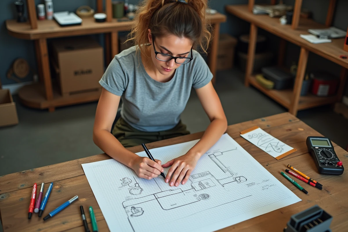 Femme dessinant un schéma de branchement prise remorque sur papier millimétré avec connecteur de référence